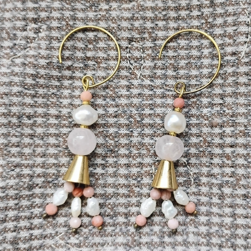 Handmade Beaded Pearl Tassel And Rose Quartz Earrings